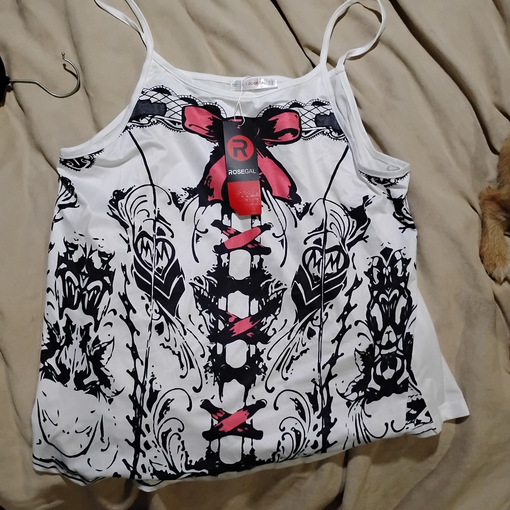 Rosegal Women's White and Black Top with Pink Accents